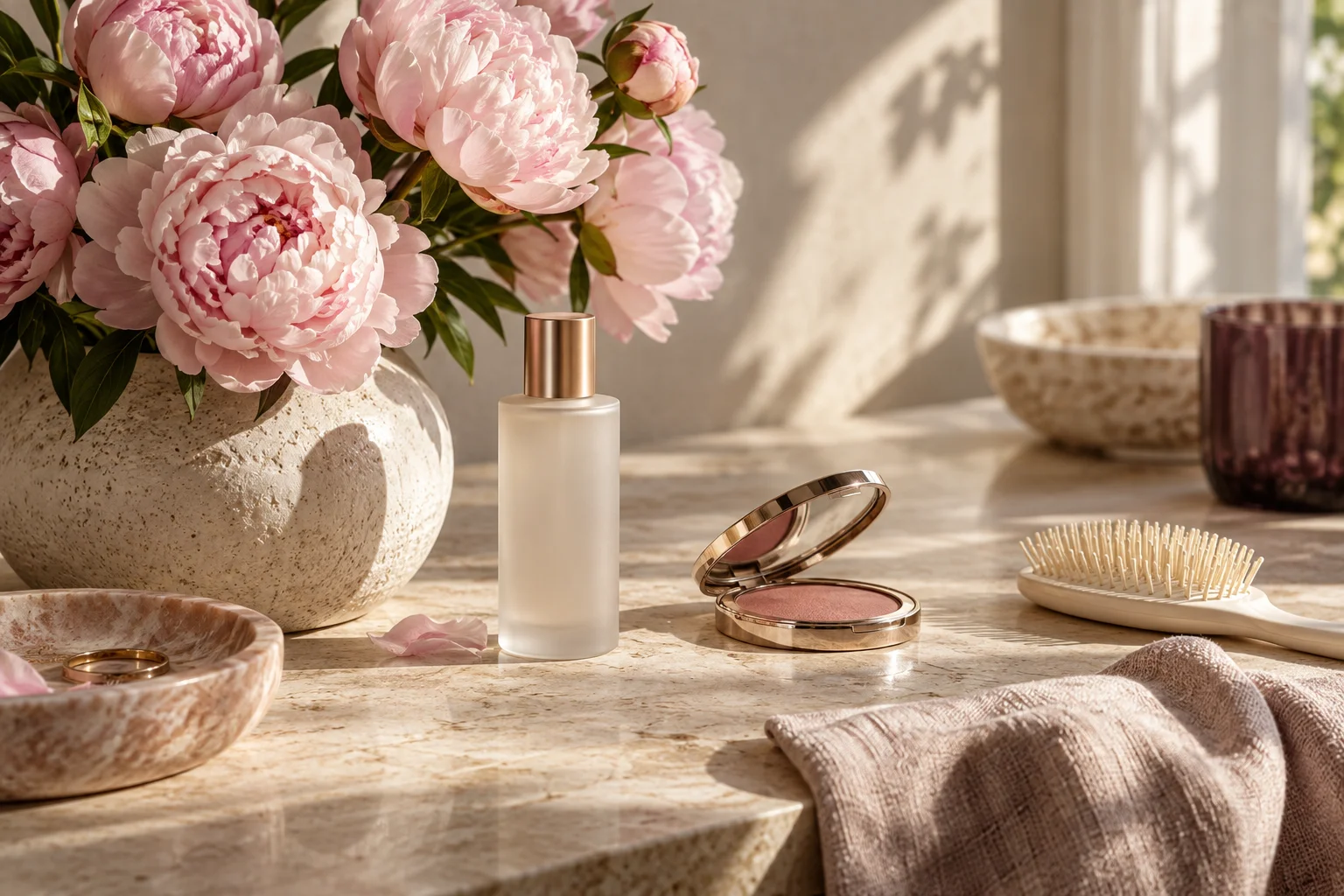 Rosa Blüten, eine Haarbürste und Pflegeprodukte auf einem sonnigen Schminktisch